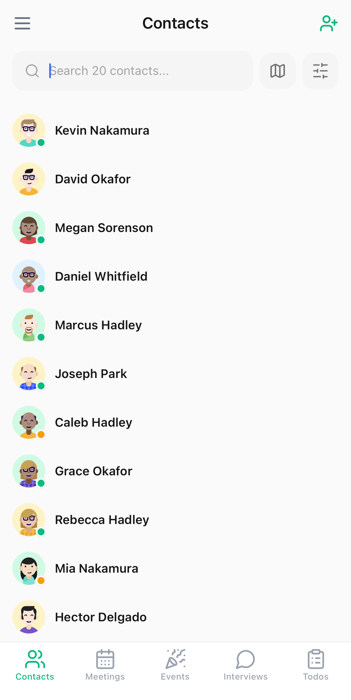 Numbered Contacts tab: the ward list with activity-level dots beside each member