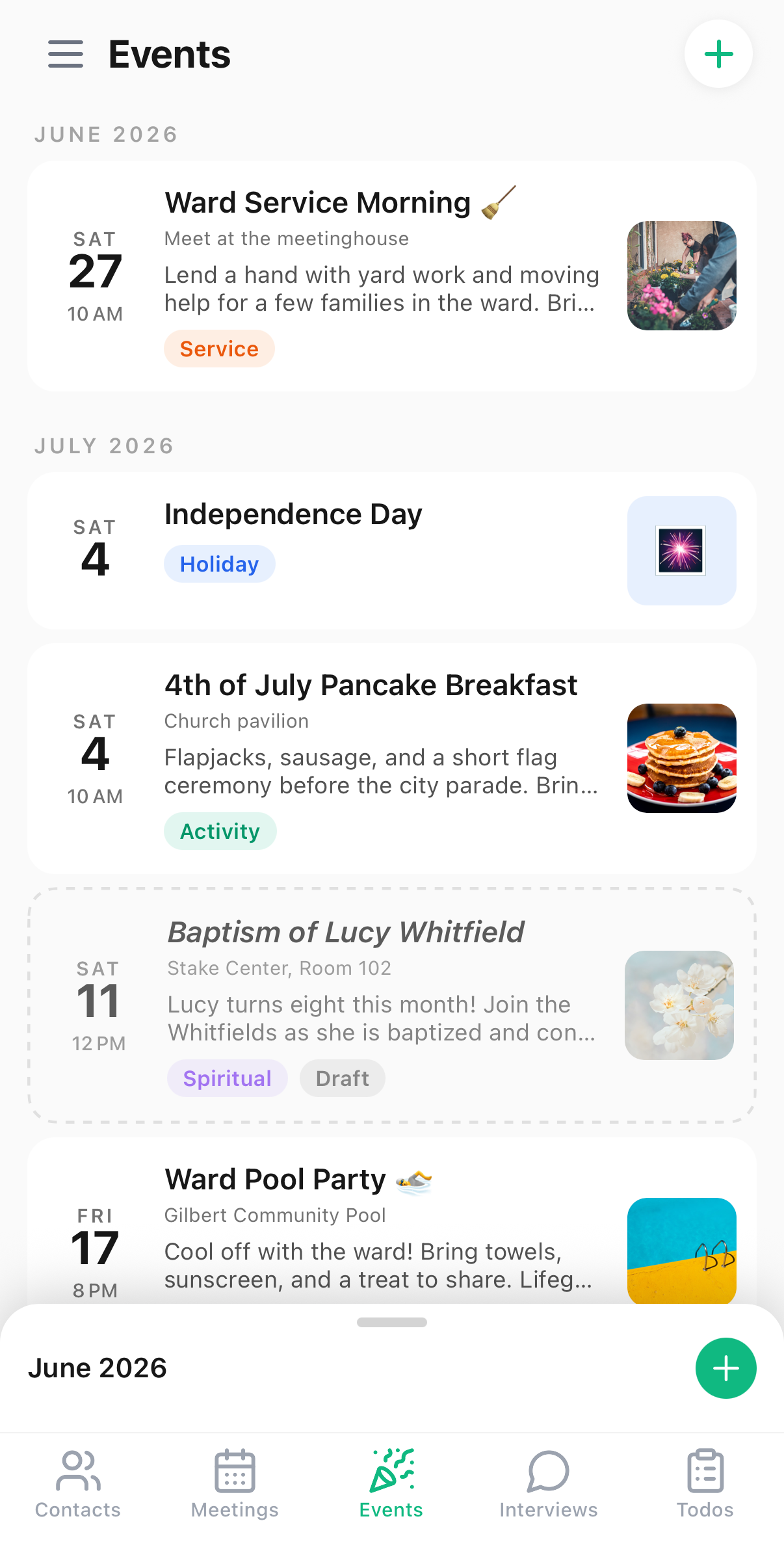 Numbered Events tab: upcoming ward activities and service projects with photos