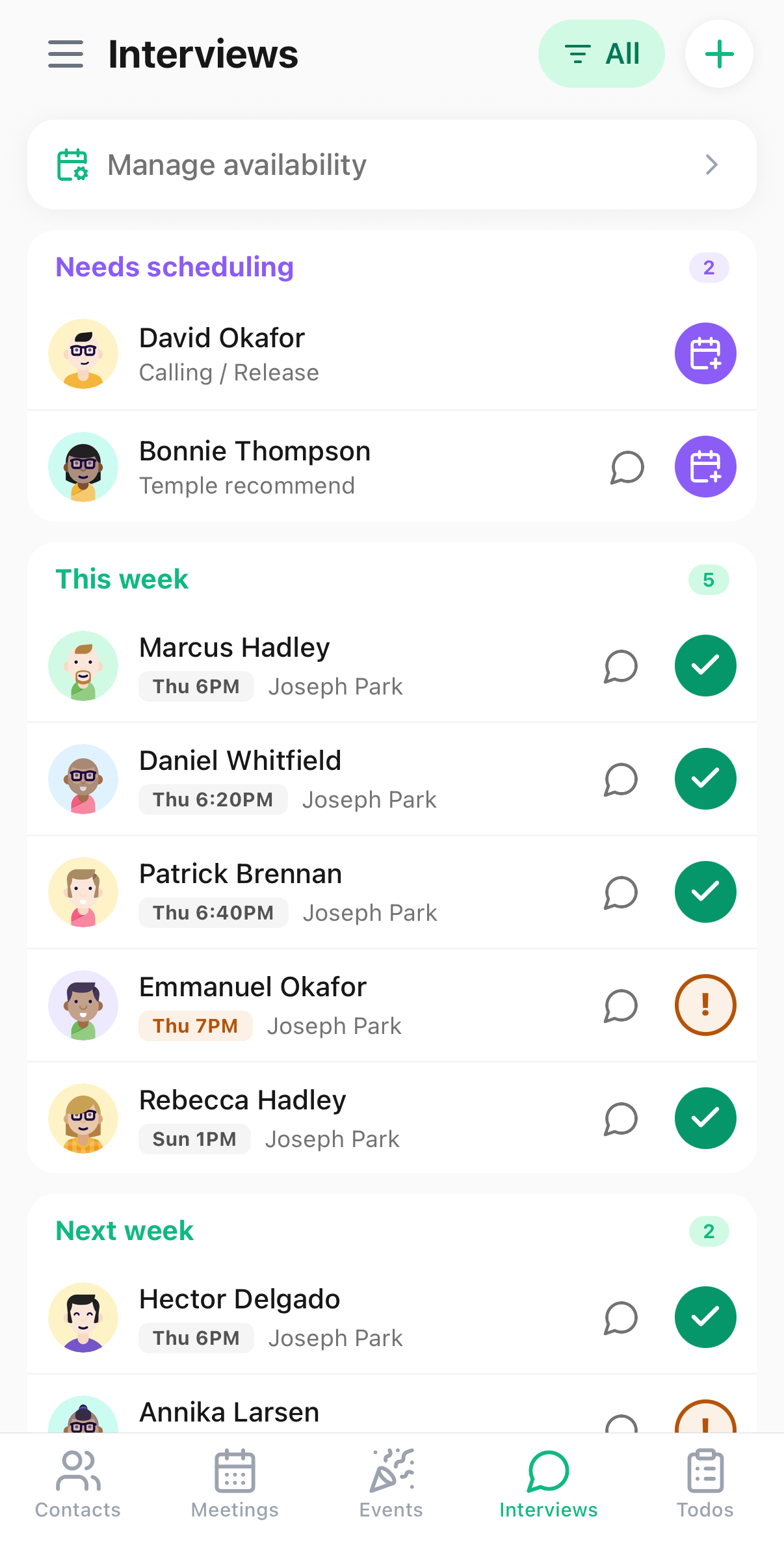 Numbered interview board: who needs scheduling and confirmed interviews by interviewer