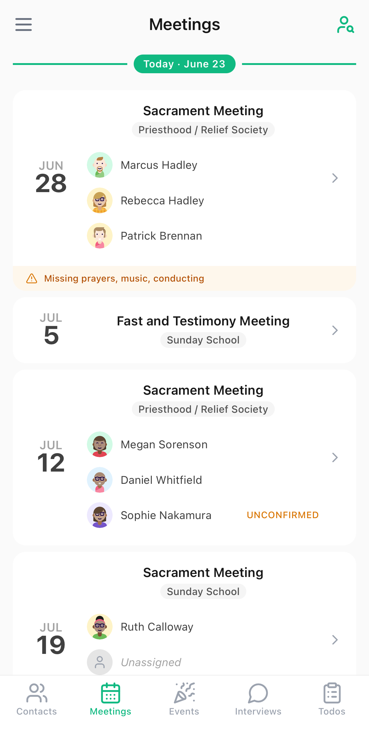 Numbered Meetings tab: upcoming sacrament meetings with assigned speakers and confirmation status